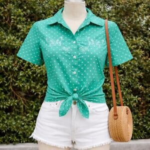 Vintage Blair Butterfly Embroidered Polka Dot Short Sleeve Button Green Shirt